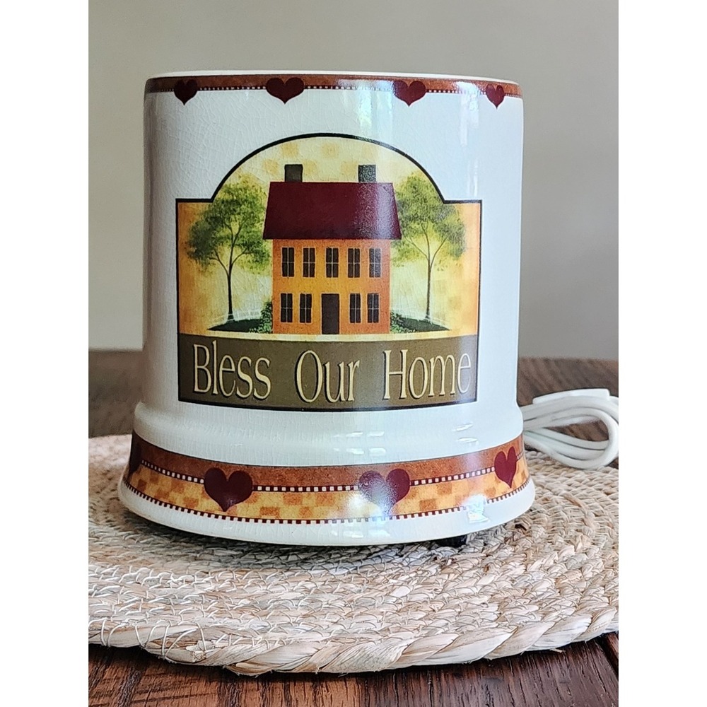 Vintage Bless Our Home Electric Jar Candle Warmer Ceramic Primitive Country